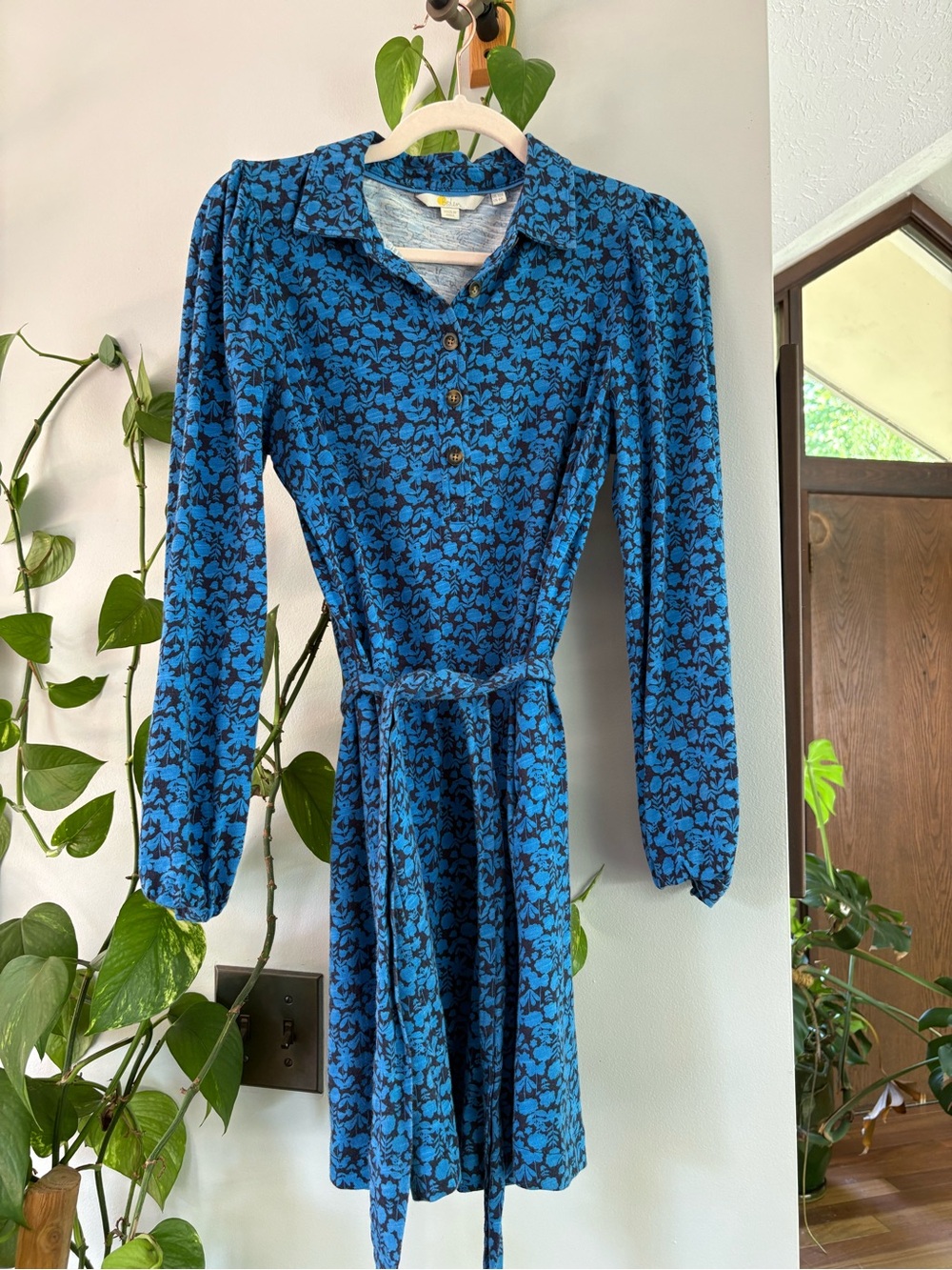 Boden Blue Floral Long-Sleeve Shirt Dress with Waist Tie